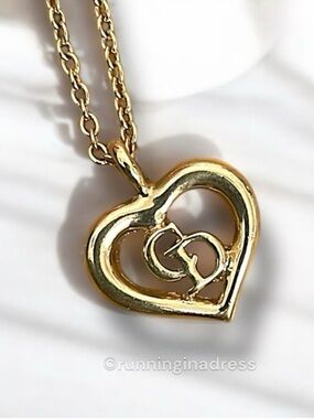 Vintage Christian Dior CD Logo Heart Pendant Necklace Gold